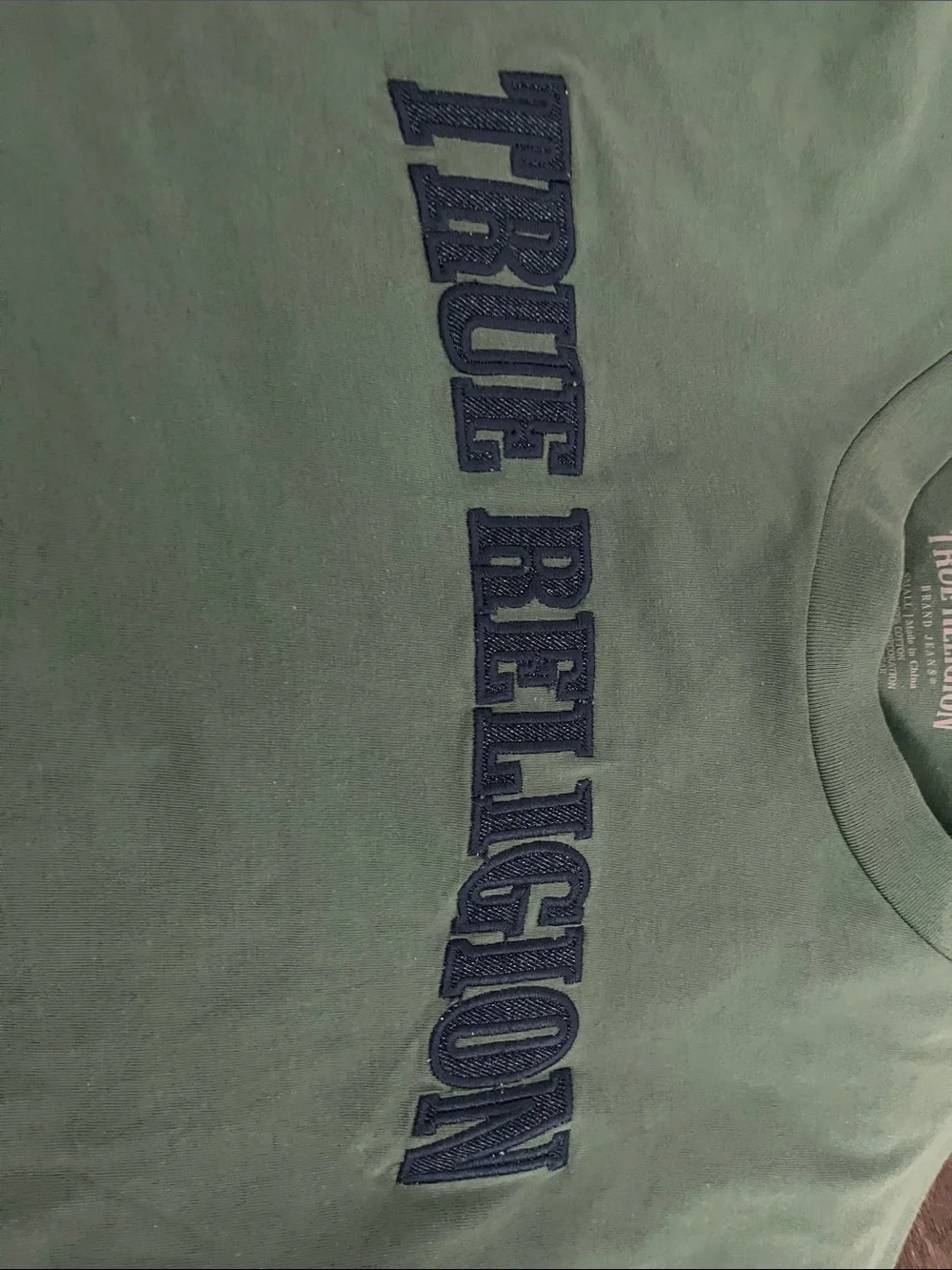 True Religion Sage Green Tee with Navy Logo